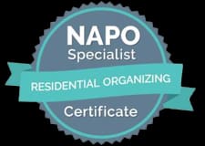 A seal that says napo specialist residential organizing certificate.