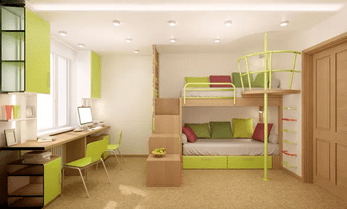 A room with beds on the side of the wall with green, brown and white theme.